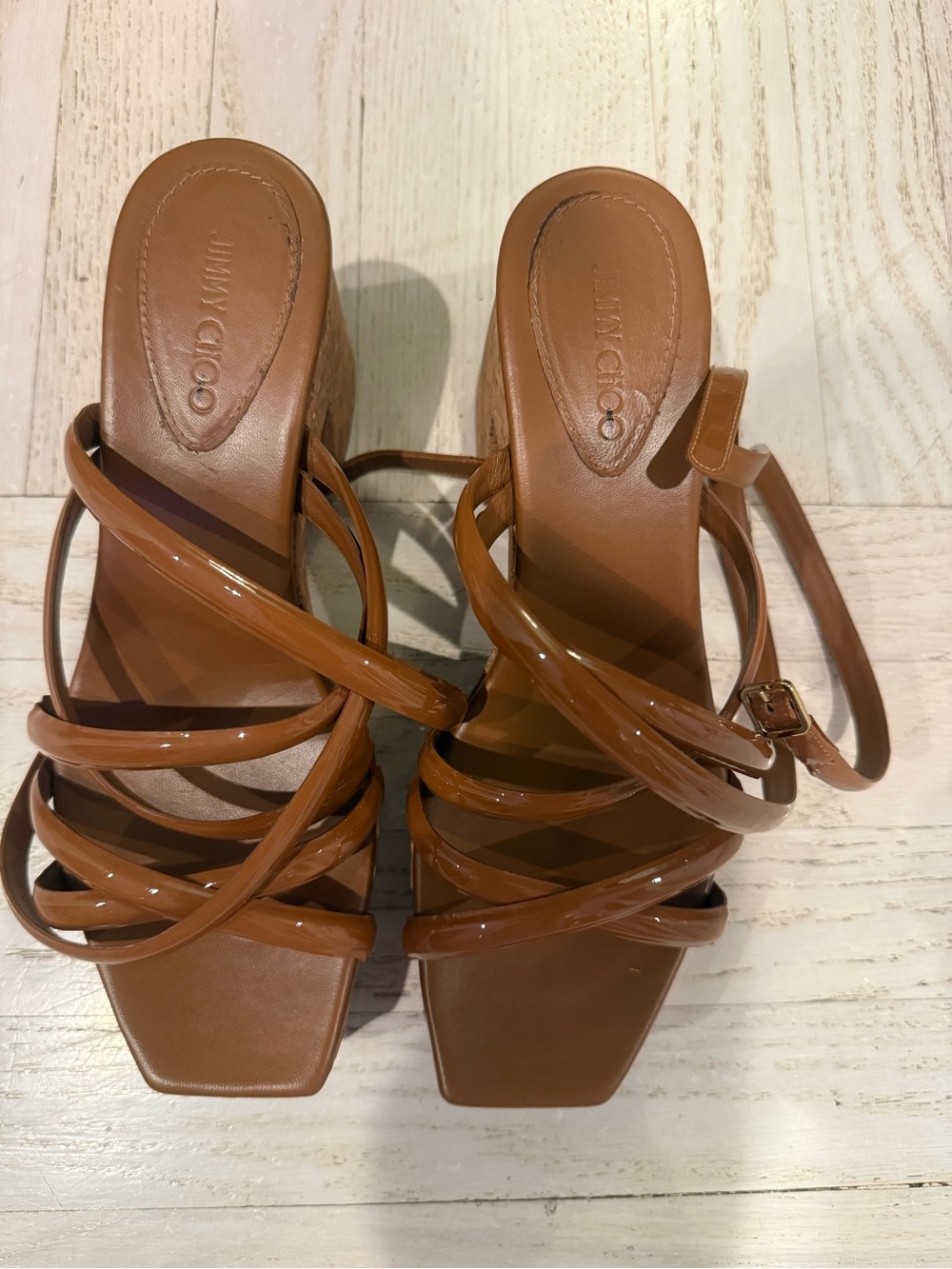 Jimmy Choo Cecelia 95 Platform Wedge Sandals In Brown Patent Leather Size 39.5